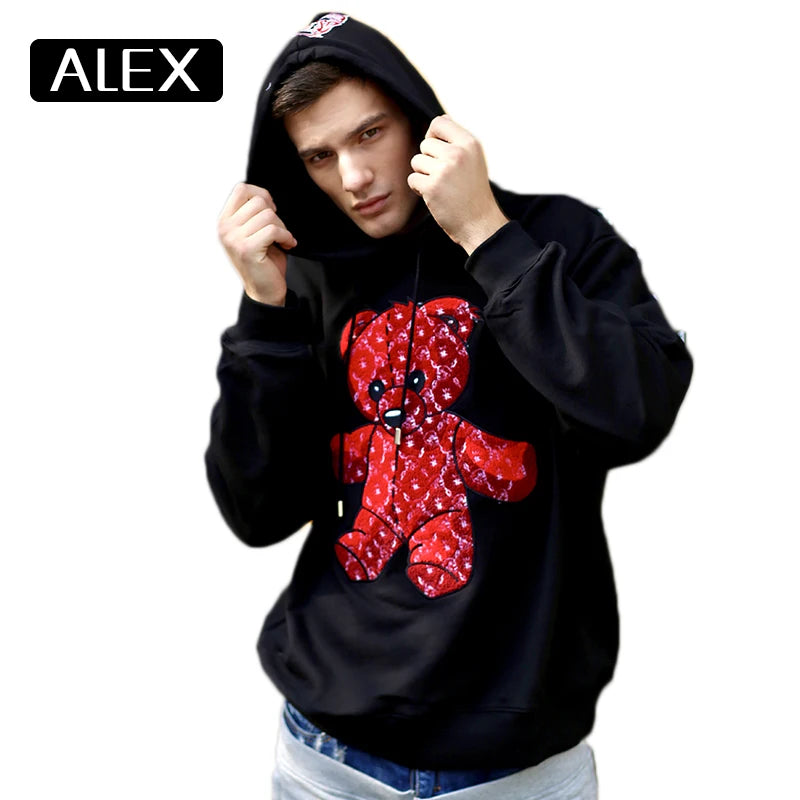 Alex Plein Sweatshirt Men 100% Cotton Teddy Bear Embroidery Oversized Aesthetic Hoodie Steetwear Men's Fashion Man Clothing New