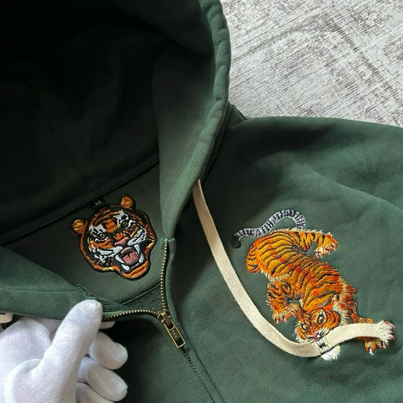 Y2k Tiger Embroidered Hoodie Retro Double Zipper Men Sweatshirt Harajuku Aesthetic Streetwear Unisex French Terry Casual Coat