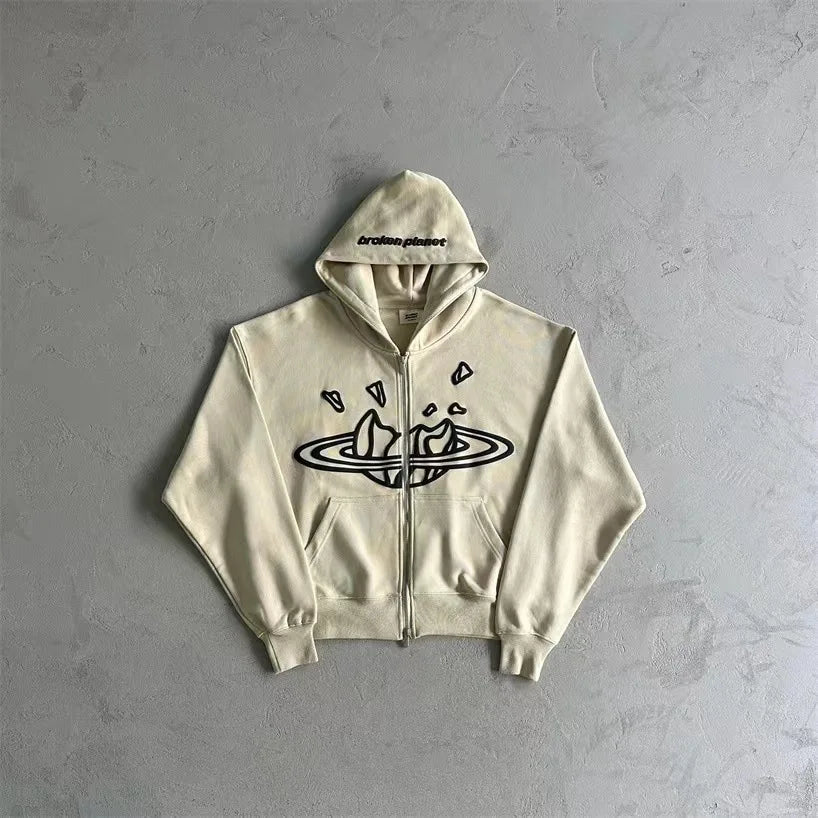 American Retro ZipUp Hoodie Jaet Gothic Letter Star Print Street Sle Long Sve Mid-Length Zippered Coat for Women