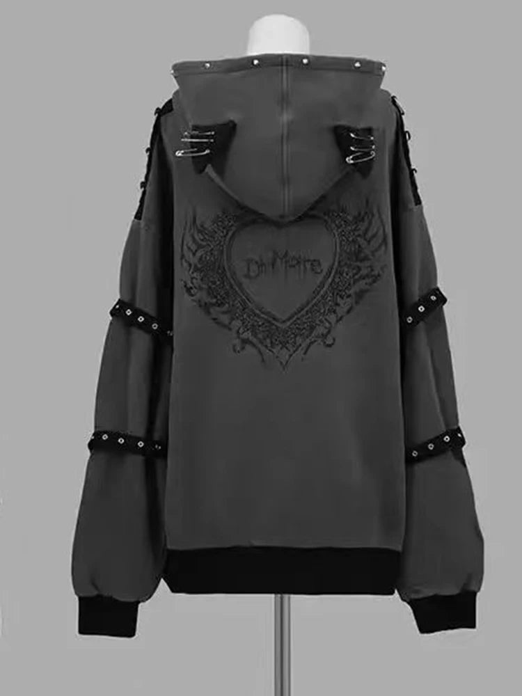 Aoaiiys Hoodies Women Y2k Aesthetic Letter Print Punk Grunge Hoodie Pocket Harajuku Streetwear Zipper Cat Ear Hooded Sweatshirts