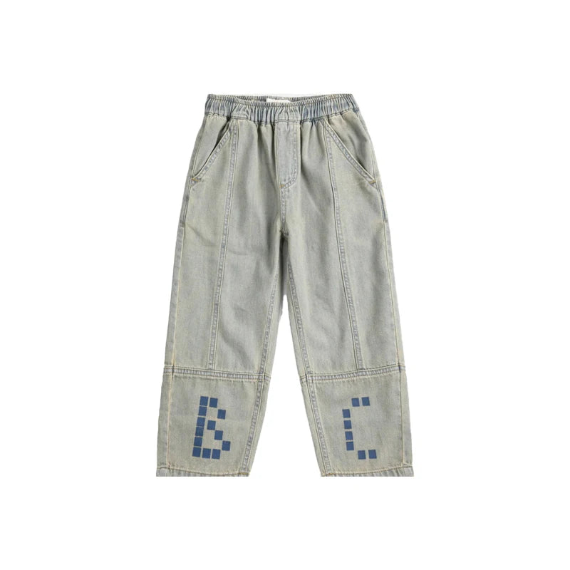 Spring Summer 2026 New Children Leisure Suit Korean Boy Girl Cartoon Printed Hoodie Letter Embroidered Denim Pants Kids Clothes
