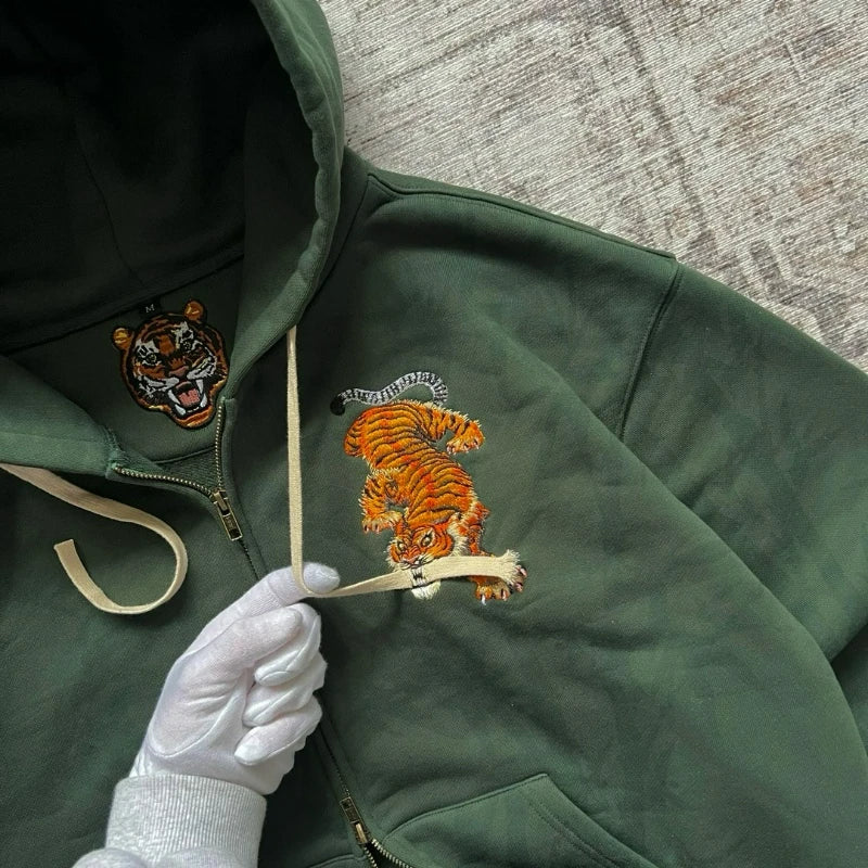Y2k Tiger Embroidered Hoodie Retro Double Zipper Men Sweatshirt Harajuku Aesthetic Streetwear Unisex French Terry Casual Coat