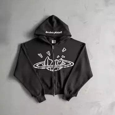 American Retro ZipUp Hoodie Jaet Gothic Letter Star Print Street Sle Long Sve Mid-Length Zippered Coat for Women