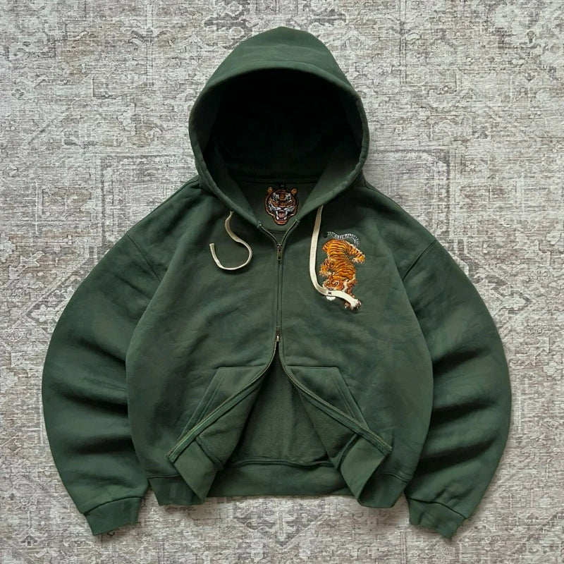 Y2k Tiger Embroidered Hoodie Retro Double Zipper Men Sweatshirt Harajuku Aesthetic Streetwear Unisex French Terry Casual Coat