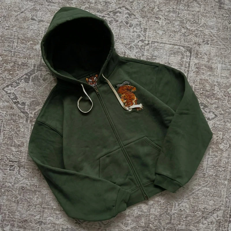 Y2k Tiger Embroidered Hoodie Retro Double Zipper Men Sweatshirt Harajuku Aesthetic Streetwear Unisex French Terry Casual Coat