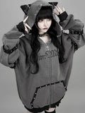 Aoaiiys Hoodies Women Y2k Aesthetic Letter Print Punk Grunge Hoodie Pocket Harajuku Streetwear Zipper Cat Ear Hooded Sweatshirts