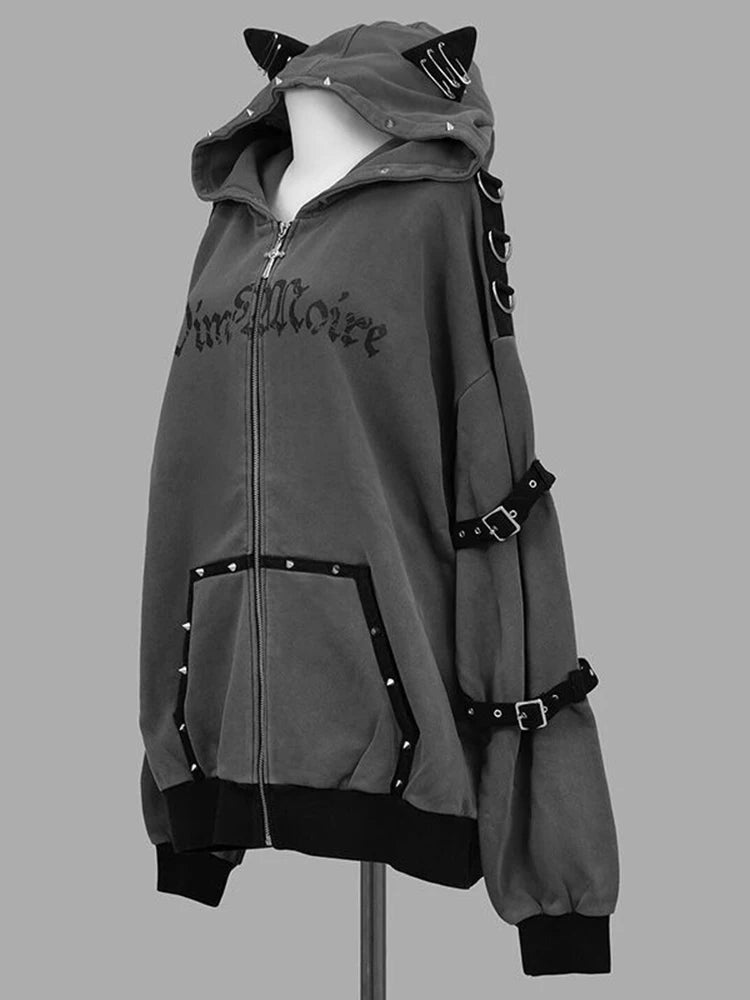 Aoaiiys Hoodies Women Y2k Aesthetic Letter Print Punk Grunge Hoodie Pocket Harajuku Streetwear Zipper Cat Ear Hooded Sweatshirts