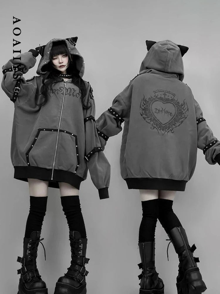 Aoaiiys Hoodies Women Y2k Aesthetic Letter Print Punk Grunge Hoodie Pocket Harajuku Streetwear Zipper Cat Ear Hooded Sweatshirts