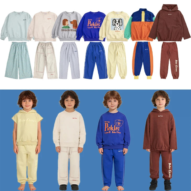 Spring Summer 2026 New Children Leisure Suit Korean Boy Girl Cartoon Printed Hoodie Letter Embroidered Denim Pants Kids Clothes