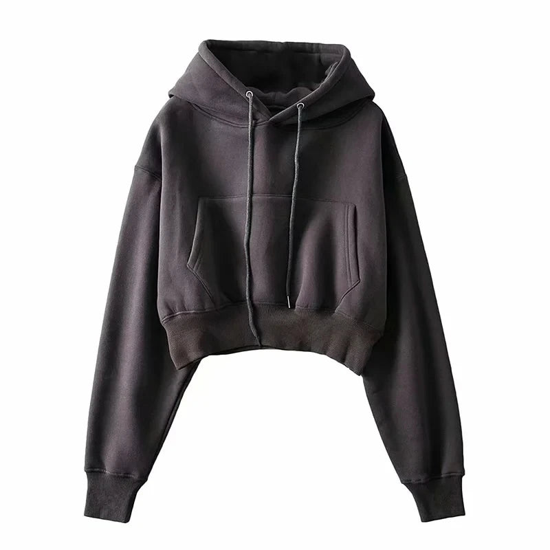 Autumn Winter Women's Fce Lined Dstring Hoodie ort Coat Warm Street Sle Long Sve Slim Fit Pure Color Hoodie