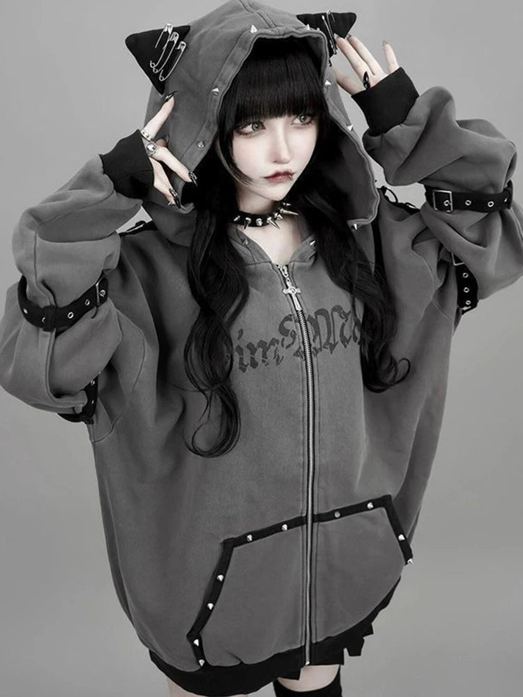 Aoaiiys Hoodies Women Y2k Aesthetic Letter Print Punk Grunge Hoodie Pocket Harajuku Streetwear Zipper Cat Ear Hooded Sweatshirts