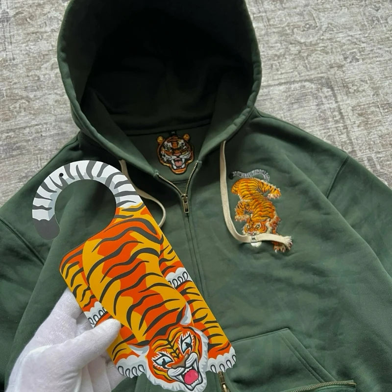 Y2k Tiger Embroidered Hoodie Retro Double Zipper Men Sweatshirt Harajuku Aesthetic Streetwear Unisex French Terry Casual Coat