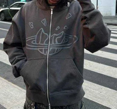 American Retro ZipUp Hoodie Jaet Gothic Letter Star Print Street Sle Long Sve Mid-Length Zippered Coat for Women