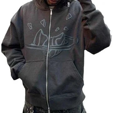American Retro ZipUp Hoodie Jaet Gothic Letter Star Print Street Sle Long Sve Mid-Length Zippered Coat for Women