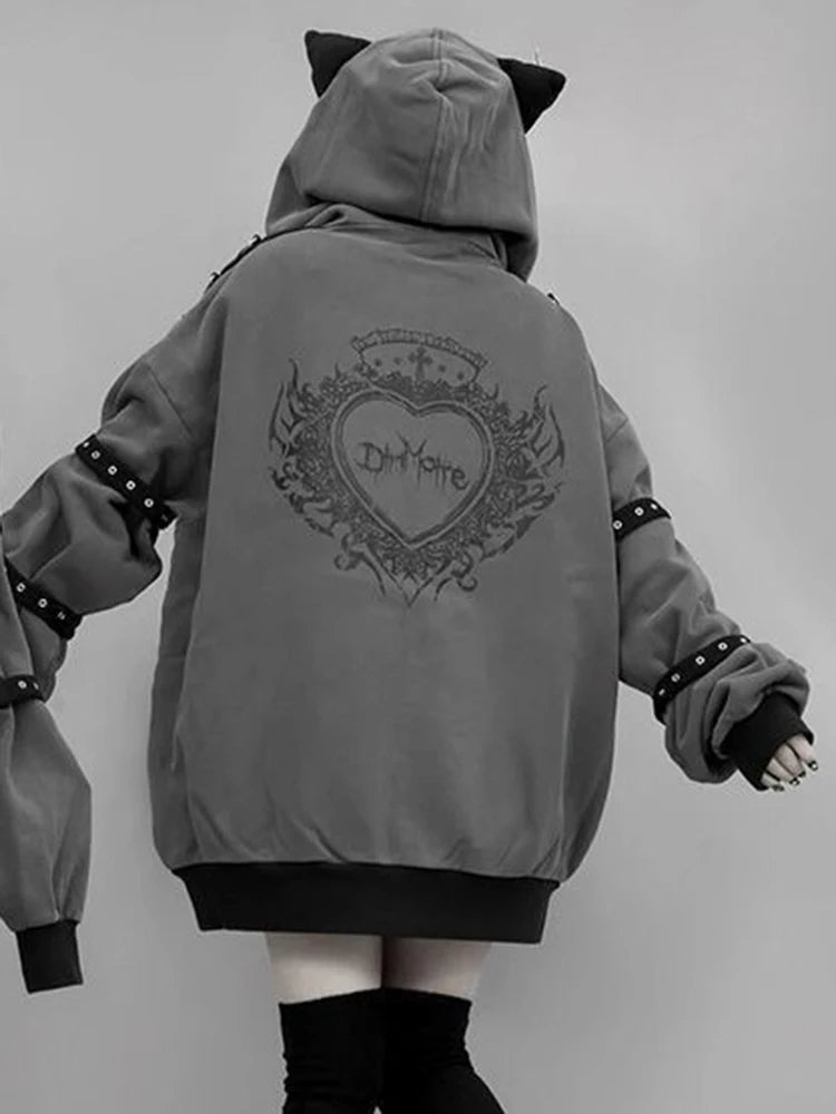 Aoaiiys Hoodies Women Y2k Aesthetic Letter Print Punk Grunge Hoodie Pocket Harajuku Streetwear Zipper Cat Ear Hooded Sweatshirts