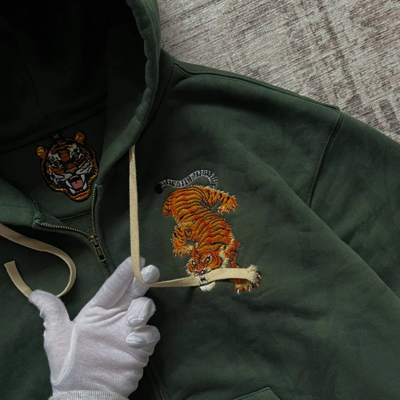 Y2k Tiger Embroidered Hoodie Retro Double Zipper Men Sweatshirt Harajuku Aesthetic Streetwear Unisex French Terry Casual Coat