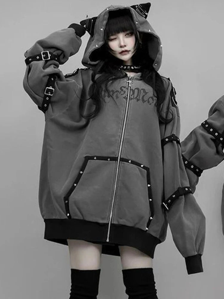 Aoaiiys Hoodies Women Y2k Aesthetic Letter Print Punk Grunge Hoodie Pocket Harajuku Streetwear Zipper Cat Ear Hooded Sweatshirts