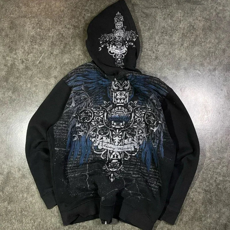 Zipper Hoodie Y2K Harajuku goth Long Sleeve Sweatshirt Oversized Hooded Jacket Gothic Loose Streetwear Skull Anime Men Women