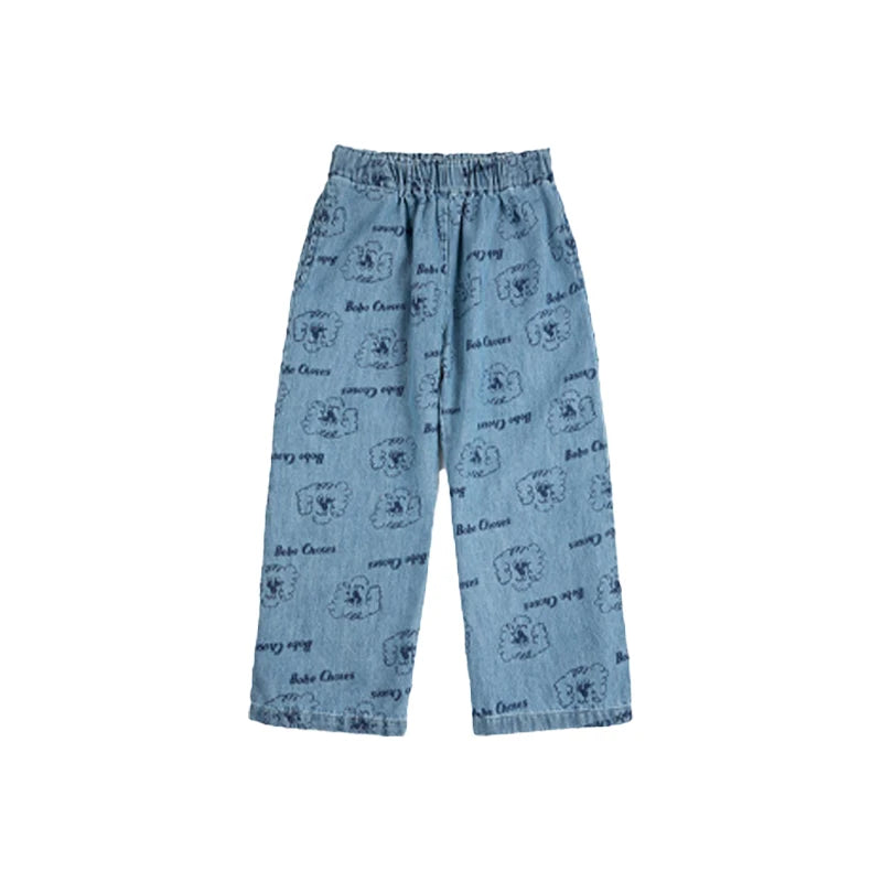 Spring Summer 2026 New Children Leisure Suit Korean Boy Girl Cartoon Printed Hoodie Letter Embroidered Denim Pants Kids Clothes